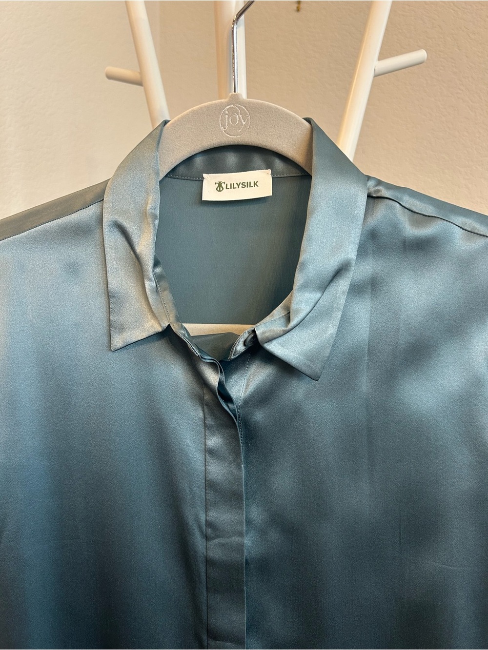 LilySilk 100% Mulberry Silk Button-Down Blouse — Slate Blue-Grey — Sz S - Picture 2 of 10